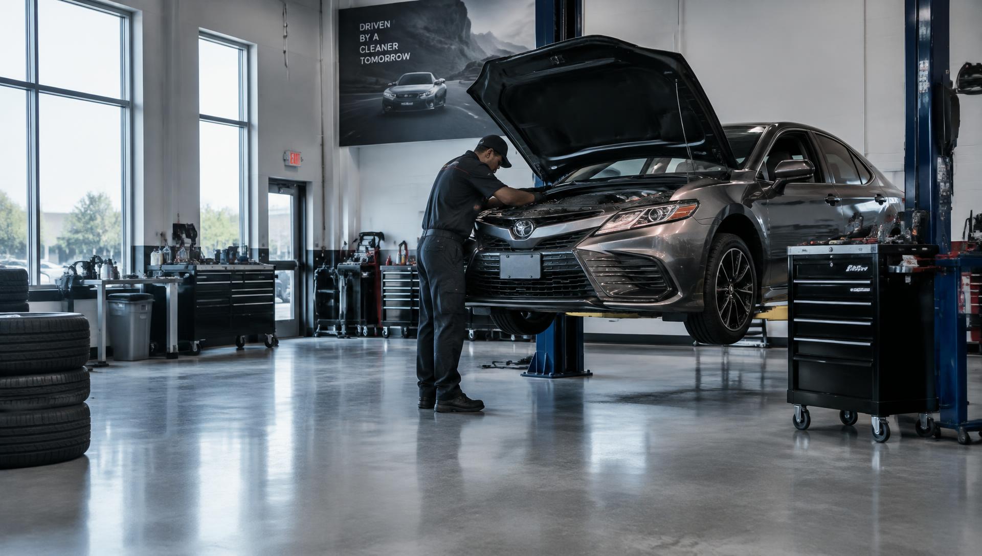 Technician working on a car with the hood open inside a clean auto repair shop
