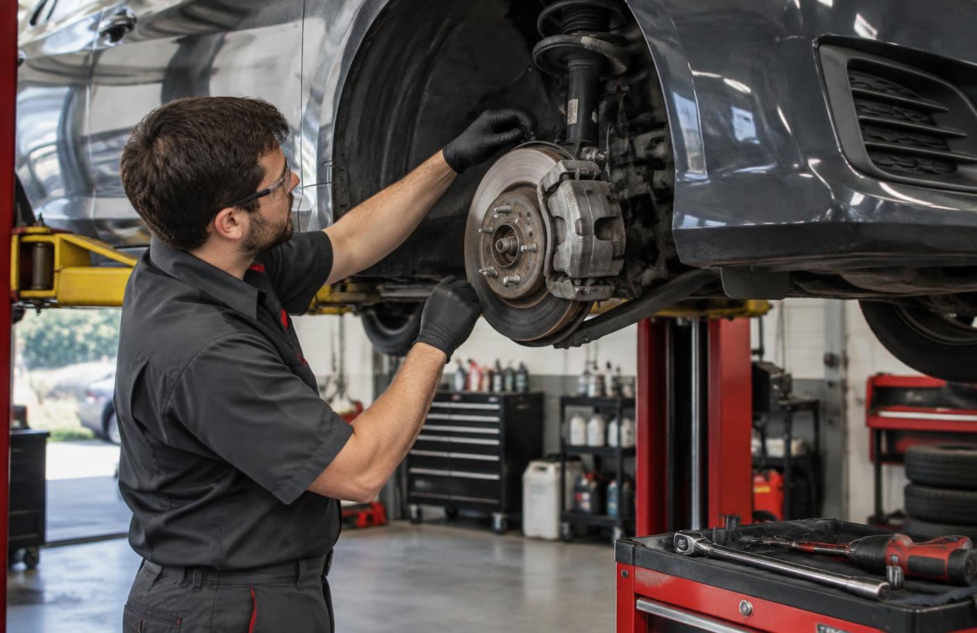 Technician inspecting brakes and suspension on a vehicle
