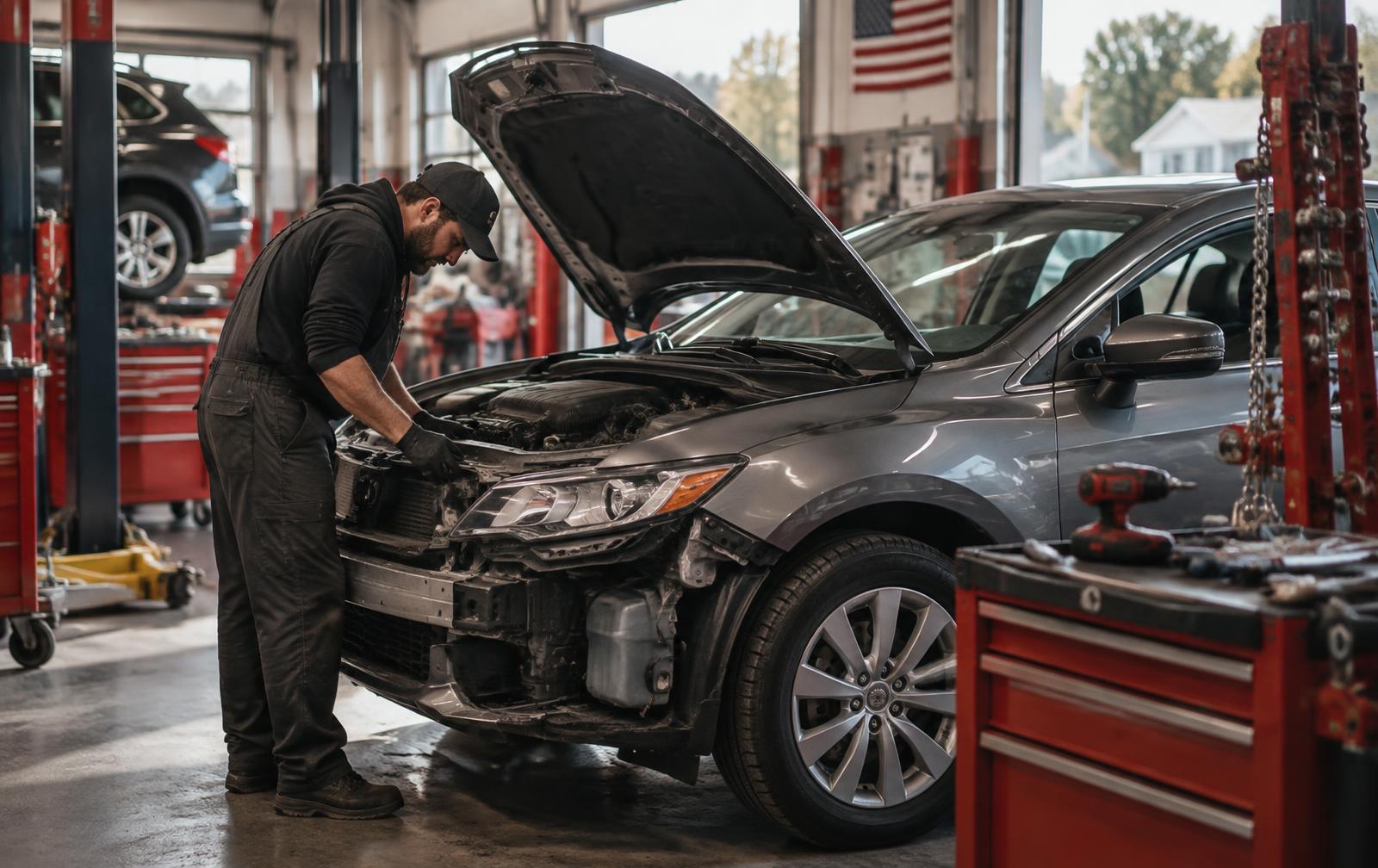 Clean local automotive service bay with a technician working on a vehicle
